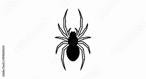A stark, stylized black spider silhouette on a clean white background