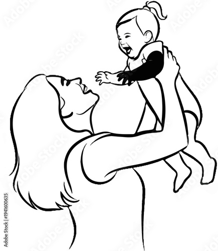 A mother happily lifts her laughing baby into the air