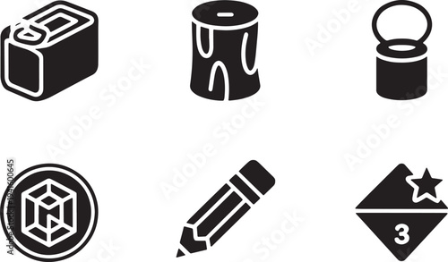 Set of black icons representing essential camping and outdoor activity items isolated