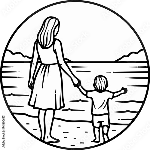 A mother and child hold hands on a beach with a calm sea and distant hills