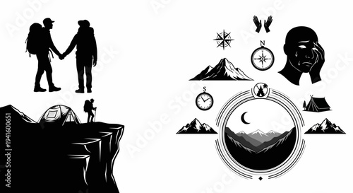 Adventure and hiking silhouettes for outdoor activities and travel concepts