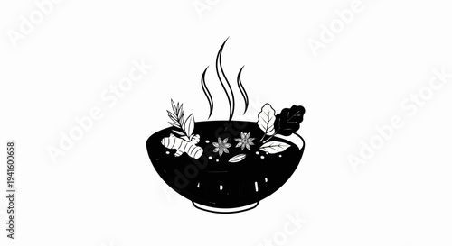 A steaming bowl filled with ingredients like ginger, herbs, and spices