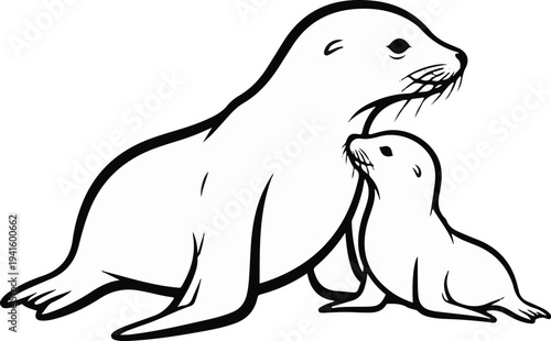 A mother seal and her pup in a protective, loving embrace