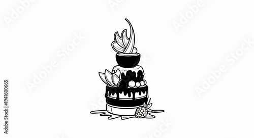 A multi-tiered cake decorated with chocolate glaze, fruit, and delicate swirls