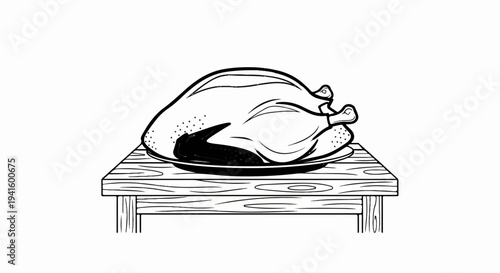 A simple line drawing of a cooked chicken on a platter atop a wooden table