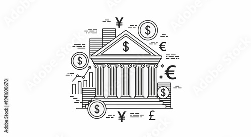 A neoclassical bank building with currency symbols and financial charts