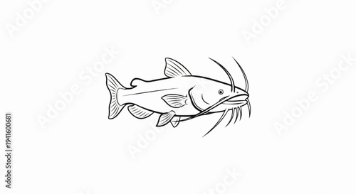A simple line drawing of a catfish with prominent whiskers