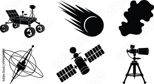 Set of black space exploration and astronomy icons on transparent background for cosmic research