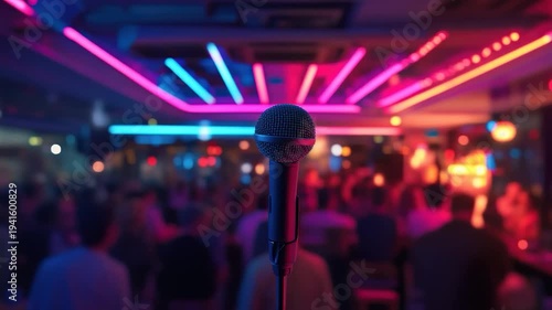 Microphone on stage in a dimly lit venue with blurred audience & neon lights