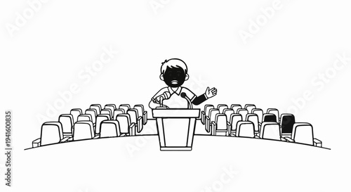 A person stands at a podium speaking to an empty auditorium of chairs