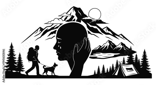 Black and white silhouette of mountain scene with hiker and crying face