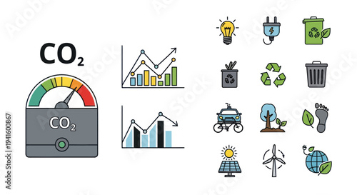 Carbon Dioxide Meter and Eco-Friendly Icons Representing Environmental Awareness.