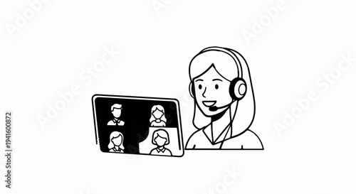 A person with headphones is on a video call with three other people