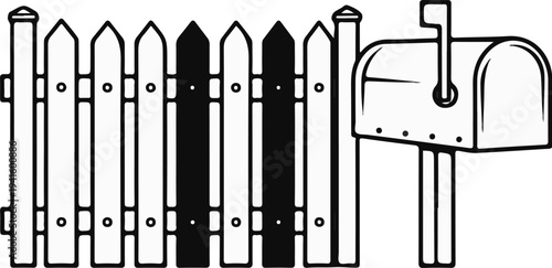 A picket fence with a mailbox on the right, some fence panels are shaded