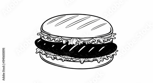 A simple black and white line drawing of a sausage sandwich with lettuce