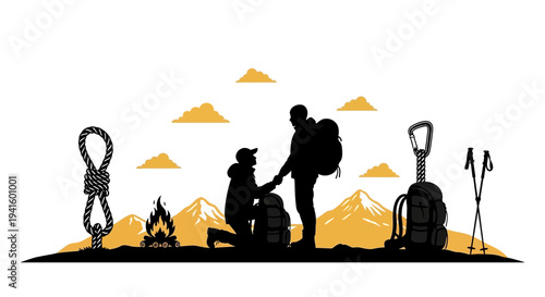Couple hiking proposal silhouette amidst mountainous landscape vector illustration