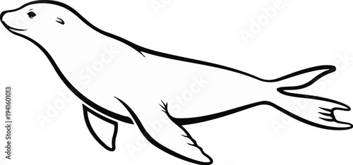 A simple black and white line drawing of a seal swimming (1)