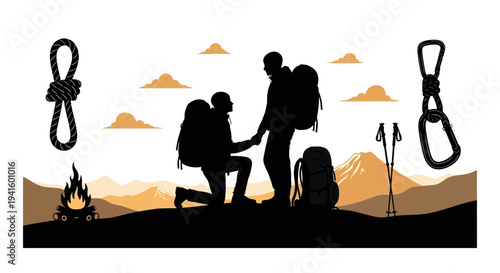Couple hiking silhouette with mountain and campfire for adventure concept
