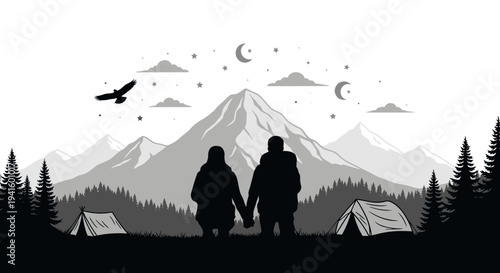 Couple silhouetted holding hands admiring mountain view camping scene