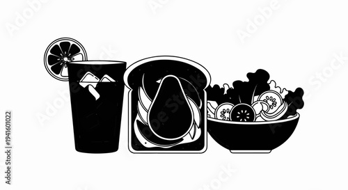 A refreshing drink, avocado toast, and a crisp salad arranged together