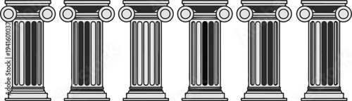 A row of six decorative architectural columns in a monochromatic style
