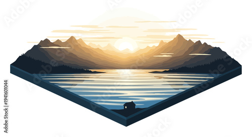 Geometric illustration of mountains lake and house at sunrise