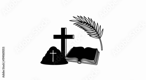 A religious scene with a cross, open book, and palm frond