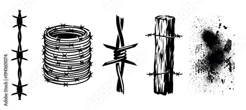 Various black barbed wire elements and grunge splatter are depicted in a stark, graphic illustration style, showcasing different forms of the sharp fencing material and a textured ink splash
