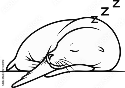 A seal pup sleeps soundly, curled up with "Zzz" floating above