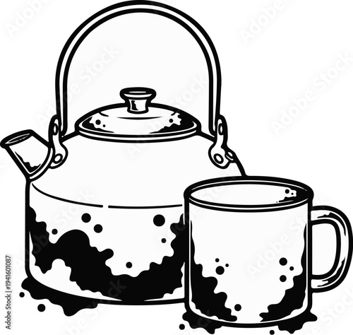 A rustic kettle pouring into a stained mug, evoking warmth and simplicity