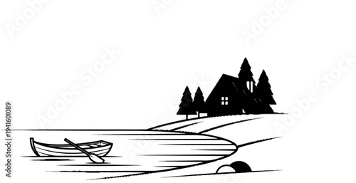 A silhouette of a rowboat and paddle on calm water next to a hill with trees and a house