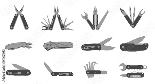 Assortment of Various Multi-Tools and Pocket Knives in Monochrome.