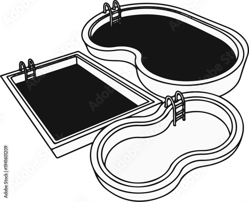 A graphic illustration of three swimming pools, one rectangular, two freeform