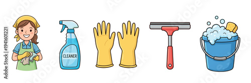 Set of cleaning service icons showing a female cleaner, spray bottle, rubber gloves, squeegee, and a bucket with soapy foam, presented in a cute cartoon illustration style