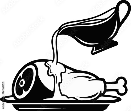 A gravy boat pours sauce onto a cooked chicken leg on a plate