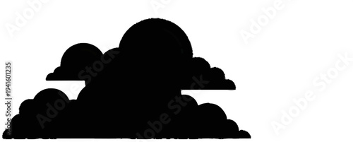 A graphic silhouette of fluffy, rounded clouds in various sizes against a white background