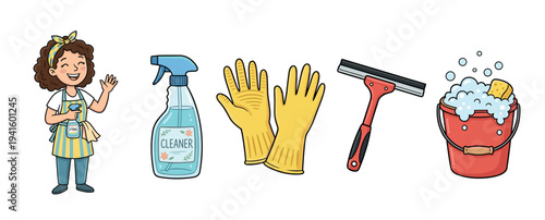 Cartoon illustration set of cleaning supplies including a happy woman, spray bottle, rubber gloves, squeegee, and a bucket with foam for spring cleaning chores