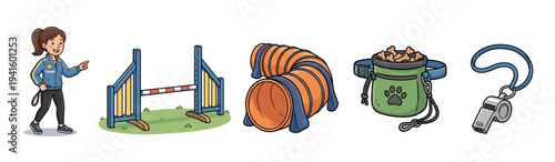 Set of dog training and agility equipment illustrations featuring a female trainer, jump hurdle, obstacle tunnel, treat pouch, and a whistle in a colorful cartoon art style