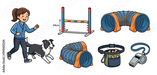 Collection of dog agility training equipment illustrations including a handler, border collie, jump, tunnel, whistle, and treat pouch in a colorful cartoon style