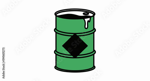 A green drum with a black hazard symbol and dripping liquid on top
