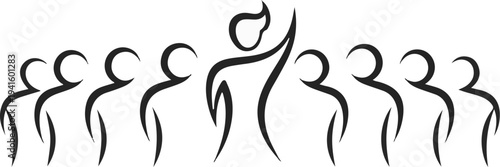 A group of stylized stick figures, one in the center with arms raised, leading others