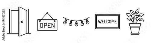 Set of black line art icons featuring an open door, welcome sign, light garland, and potted plant for business or home entrance concepts, presented in a minimalist outline style