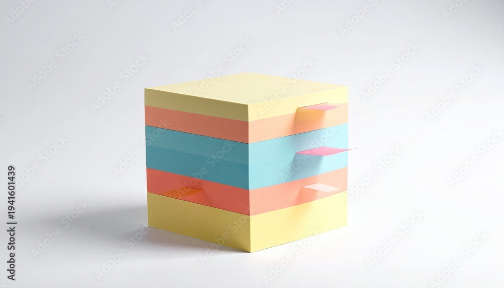 Obraz premium Stacked, multi-colored sticky notes cube with several individual notes sticking out