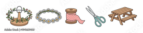 Collection of illustrated crafting and picnic items including a floral wreath, daisy chain, ribbon spool, scissors, and a wooden table in a cute, hand-drawn doodle style