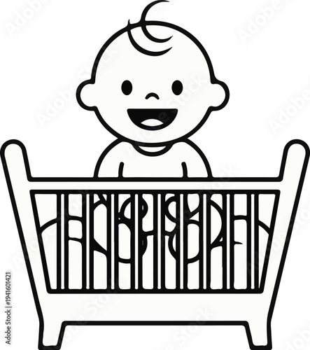 A happy, smiling baby peeks out from a simple, outlined crib
