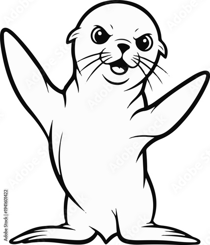 A happy, stylized seal with flippers up and wide mouth open