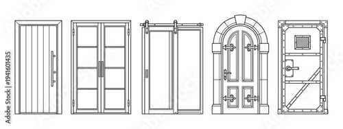 Collection of five different door illustrations showing various architectural styles including modern, classic, medieval, and industrial in a clean black and white line art vector set