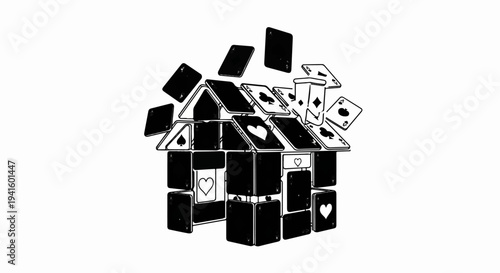 A house constructed from playing cards, some falling off