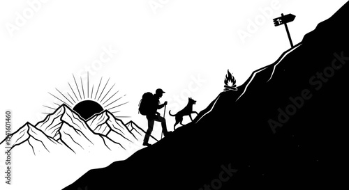 Hiker and dog ascending mountain silhouette sun and signpost illustration