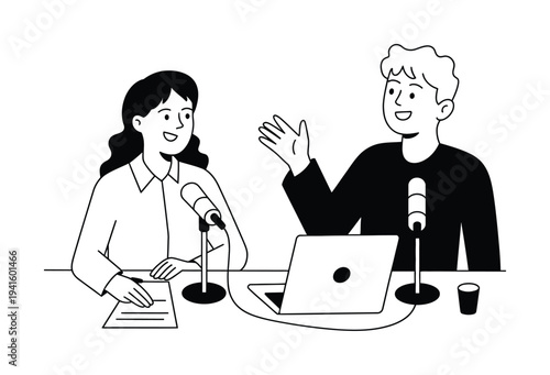 Two people recording a podcast with microphones and laptop